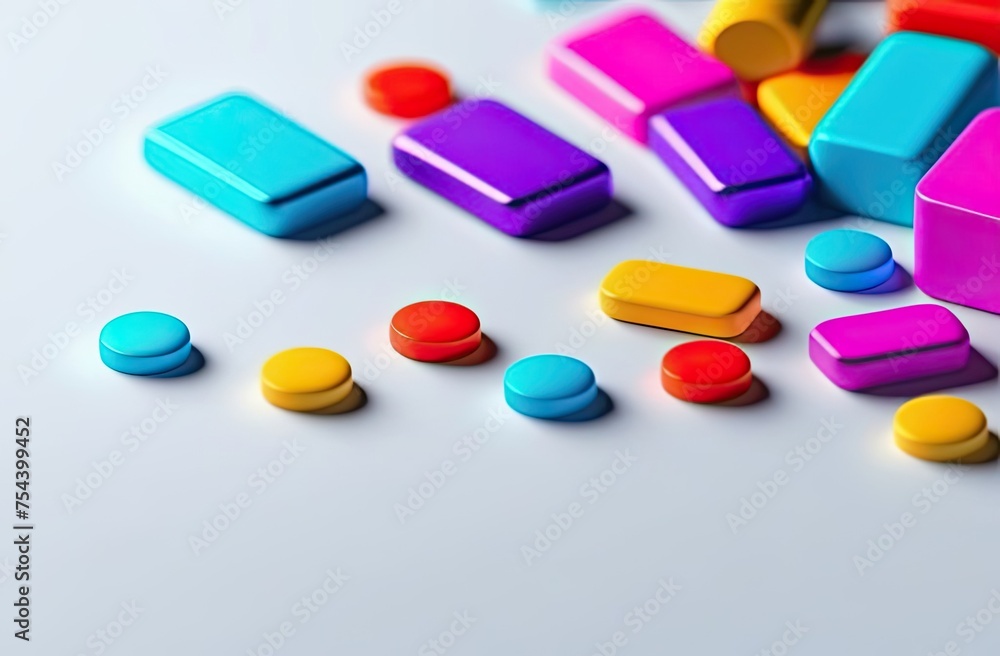 Colorful abstract pastilles or pills of different shapes lie on a light surface, banner with space for text