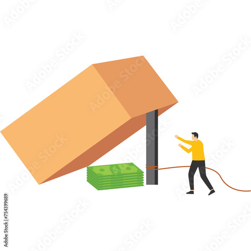 investment problem concept. Money trap to lure greedy people, businessmen get into wooden box trap to get dollar banknotes. illegal investment scams, financial scams, risky businesses, dubious project