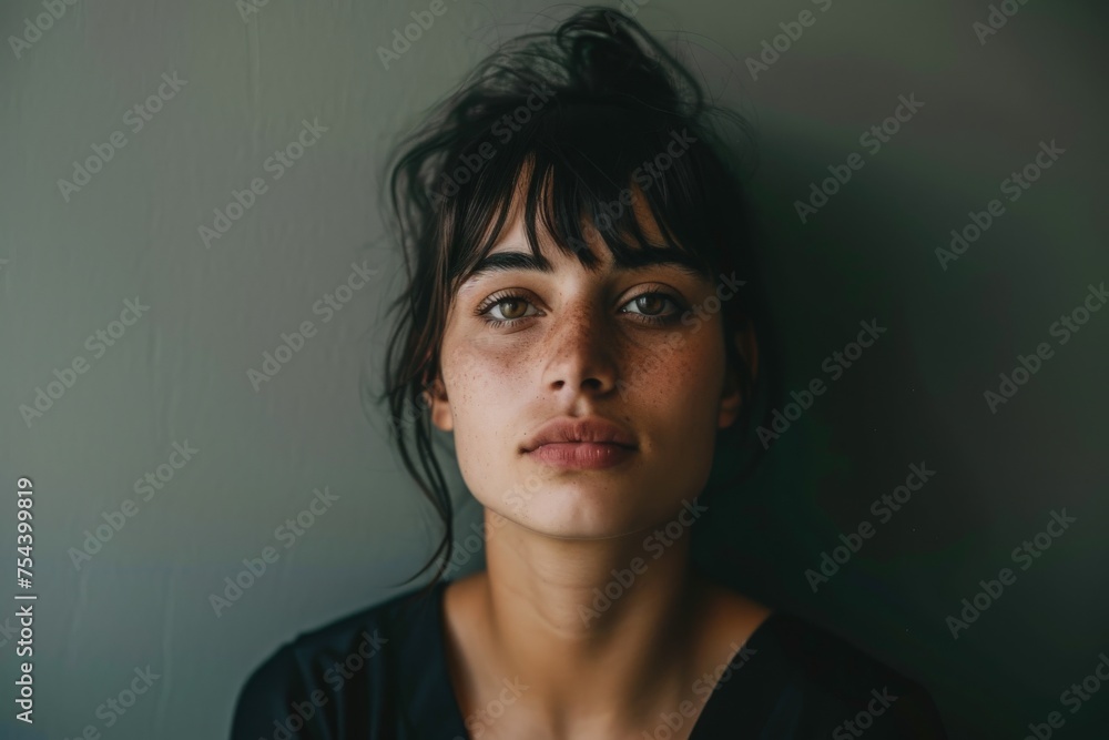 A close-up view of a person deep in thought beside a textured wall. A close-up view of a person deep in thought beside a textured wall.