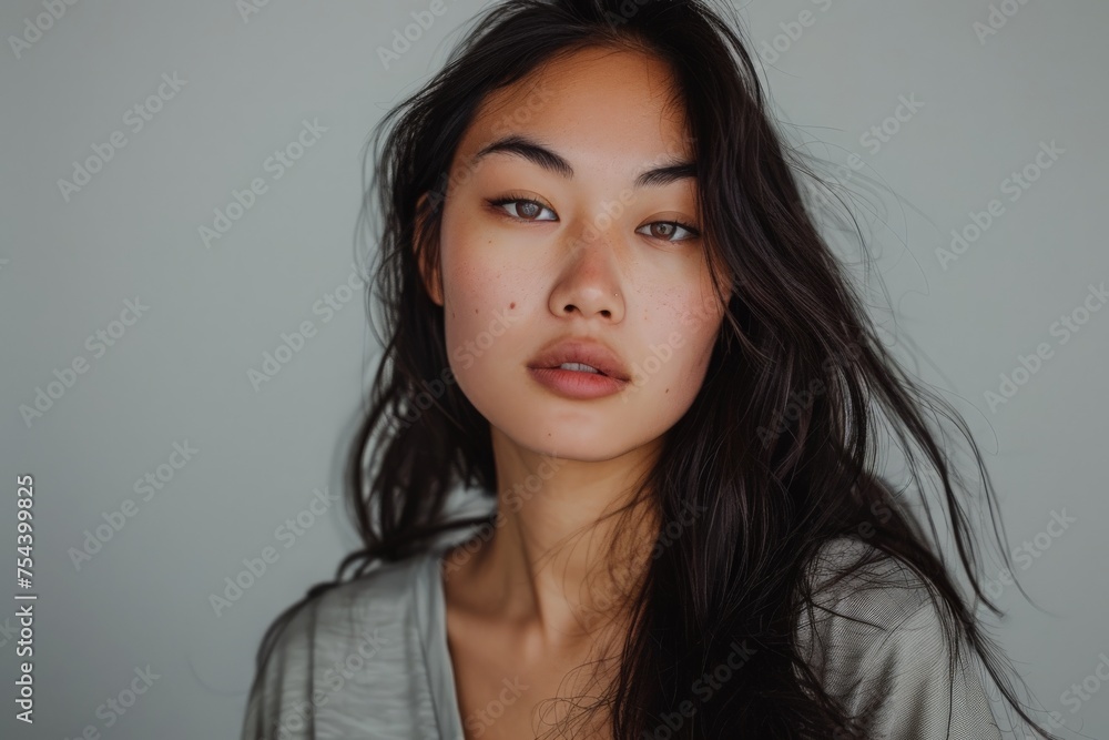 A captivating woman with flowing black hair strikes a pose exuding elegance and mystery. A captivating woman with flowing black hair strikes a pose exuding elegance and mystery.