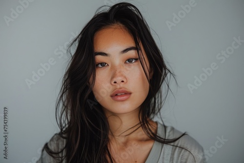 A woman with flowing long hair and wearing a gray shirt exudes a sense of timeless beauty and grace.