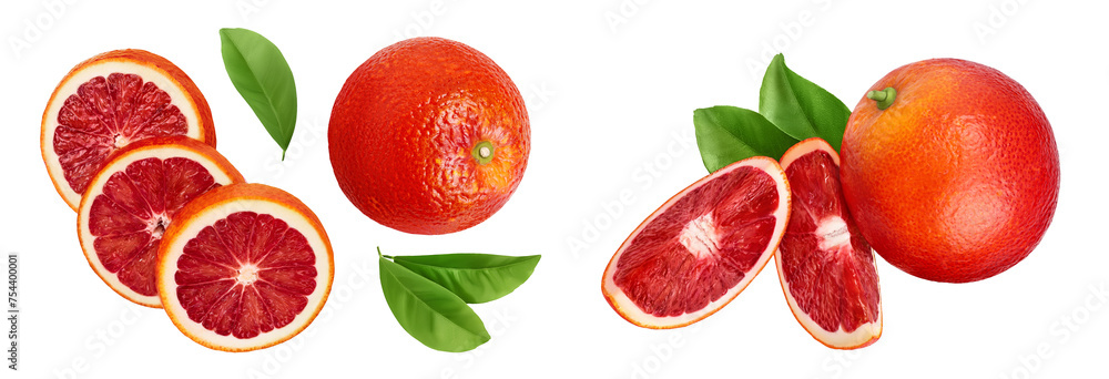Blood red oranges with slices isolated on white background . Top view. Flat lay Blood red oranges with slices isolated on white background . Top view. Flat lay