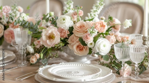 Elegant table setting with pink flowers in restaurant, Festive table setting for Valentine's Day © saichon