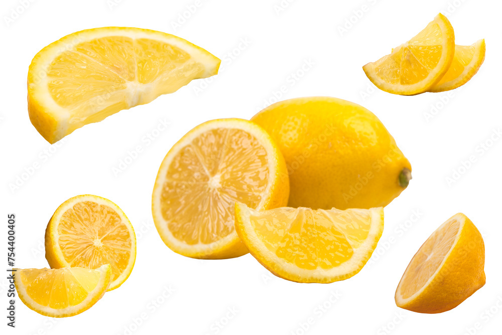 Set of fresh whole and cut Lemon and slices isolated on white background. From top view. Set of fresh whole and cut Lemon and slices isolated on white background. From top view.