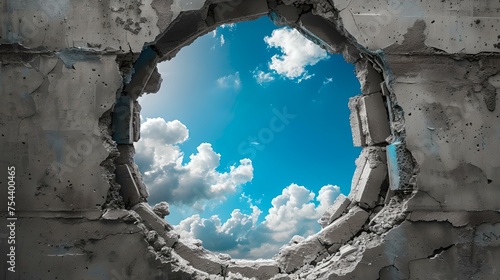 Blue skies through a broken wall: hope and freedom concept. vivid imagery, destroyed building, visual metaphor, daylight scene. AI photo