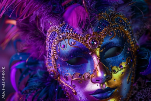 A close up of a person wearing a vibrant Mardi Gras mask, showcasing intricate details and mysterious elegance.