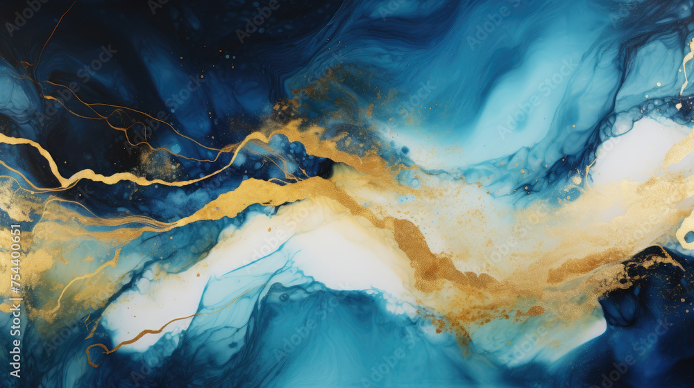 Acrylic Fluid Art. Dark blue and gold waves in abstract waves. Marble effect background or texture.