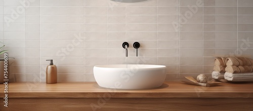 This modern bathroom features a round sink set atop ceramic tiles with a wood texture. A mirror hangs above the sink  offering functionality for daily grooming routines.