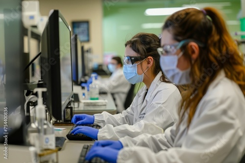 Two women in lab coats analyze data on a computer  collaborating and problem-solving through scientific research.
