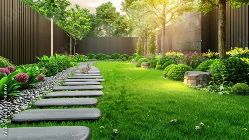 garden with stepping stones and green grass photo