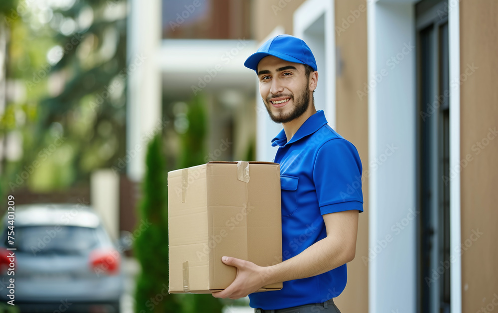 Smiling courier delivery man wearing blue uniform. Smiling courier delivery man wearing blue uniform.
