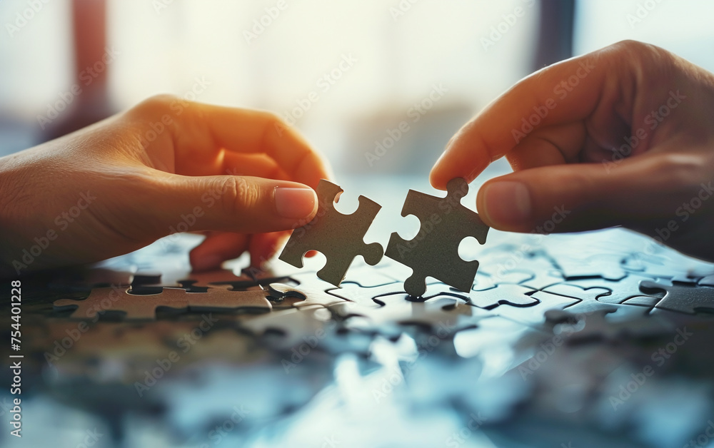Closeup image of two hands try to fit puzzle pieces. Teamwork concept.. Closeup image of two hands try to fit puzzle pieces. Teamwork concept..