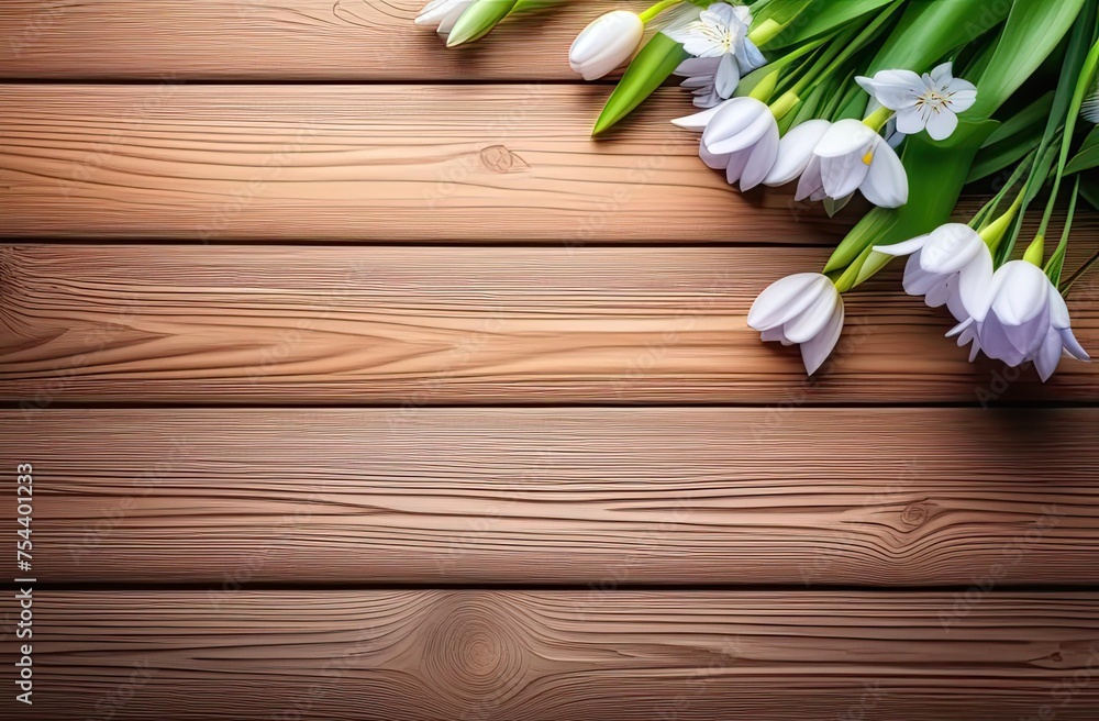 Pale blue spring flowers in the upper right corner of the frame lie on a light wooden surface, top view, banner with space for text, vignette Pale blue spring flowers in the upper right corner of the frame lie on a light wooden surface, top view, banner with space for text, vignette