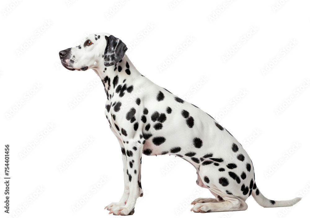 A white and black dog is sitting on a white background. The dog is looking at the camera. Isolated on transparency background.