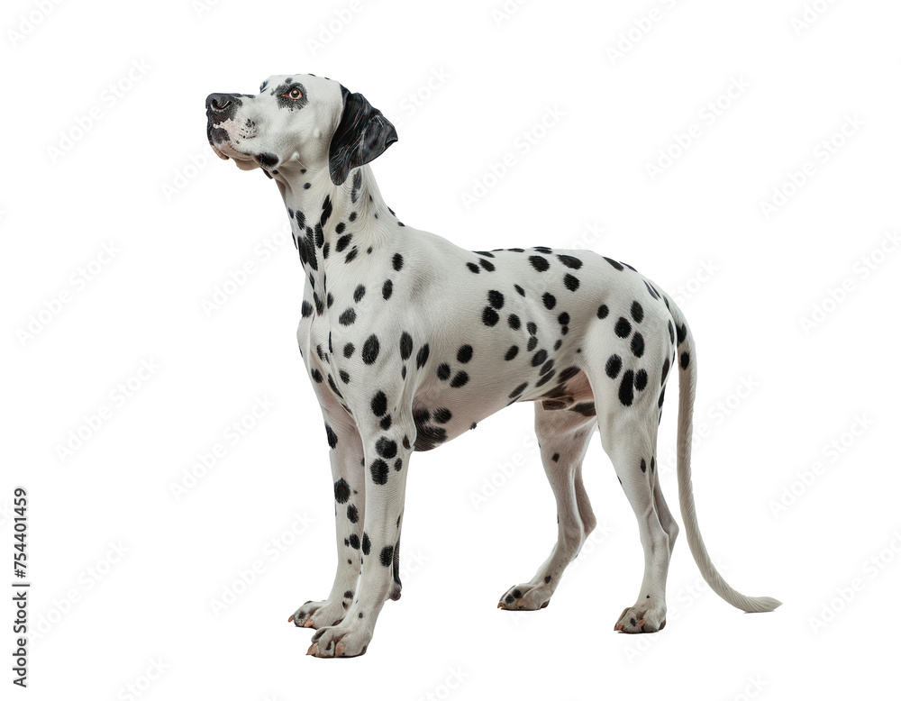 A white and black dog with black spots stands on a white background. The dog is looking at the camera. Isolated on transparency background.