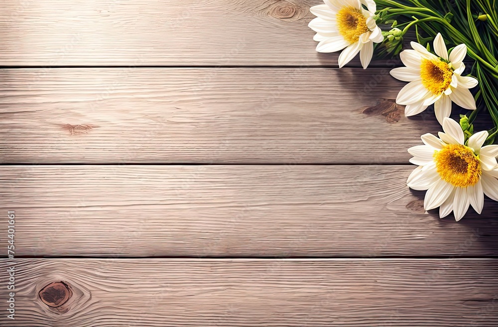 Obraz premium Summer flowers of white and yellow color in the upper right corner of the frame on a light wooden surface, banner with space for text