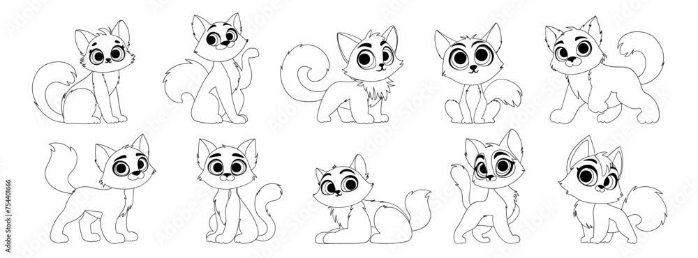Obraz premium Set of ten cute line art kittens. Little cute cat with a charming look poses. Vector black lines style