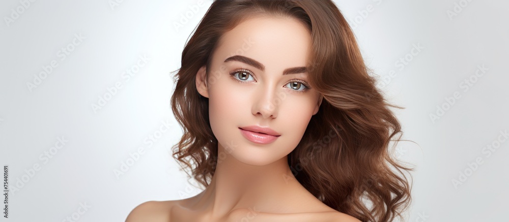 A beautiful woman with long brown hair is striking a pose for a camera, showcasing her healthy skin and confidence on a white background. A beautiful woman with long brown hair is striking a pose for a camera, showcasing her healthy skin and confidence on a white background.