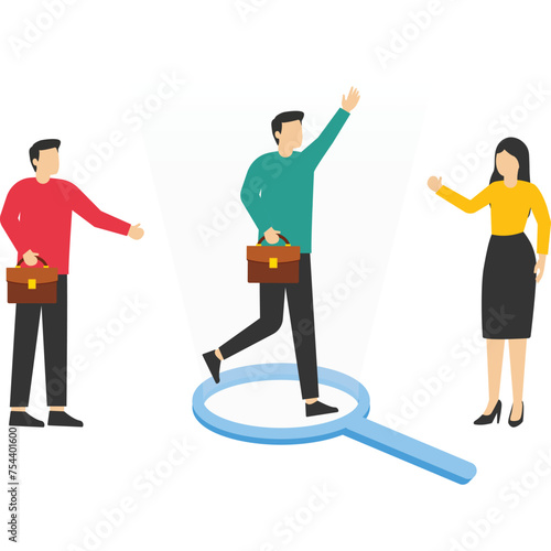 Selected Candidate concept, outstanding businessman in magnifying glass among applicants, winning applicants for new job, HR or human resources, recruiting outstanding candidate, recruitment concept.