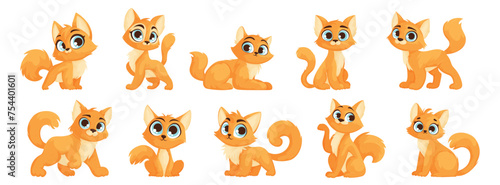 A set of ten cute orange kittens with blue eyes in different poses. A small cute cat with a charming look poses. Vector cartoon