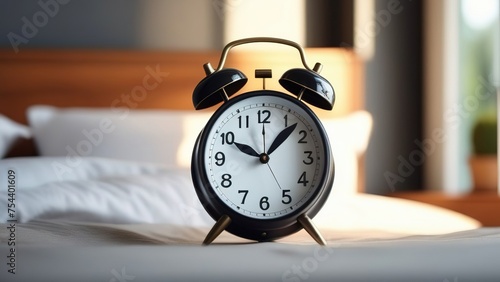 the concept of "good morning" is an alarm clock and on the bedside table in the bedroom