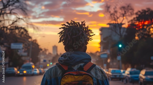 Man with Dreadlocks Walking Down Street at Sunset in African Influenced Style
