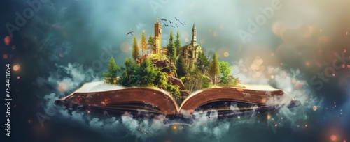 Happy World book day. Fantasy and literature concept. 3D style Illustration of magical book with fantasy stories inside it. The concept for World Book Day background with copy space.