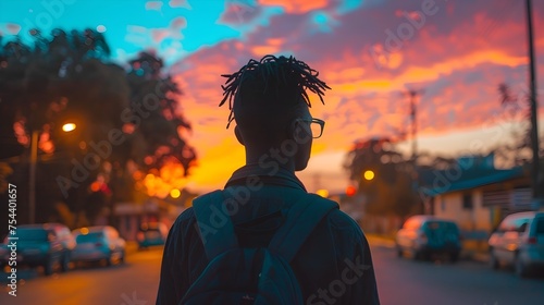 A Young Man with Dreadlocks Walking Alone at Sunset in the City