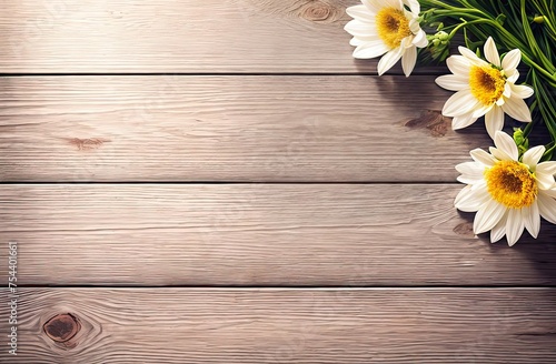 Summer flowers of white and yellow color in the upper right corner of the frame on a light wooden surface, banner with space for text