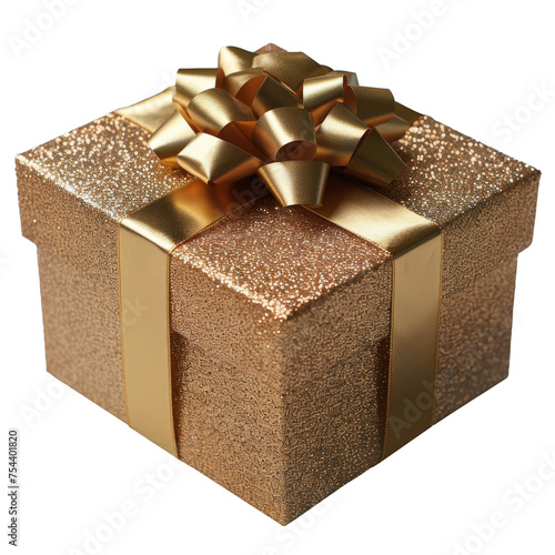 Gift box in gold craft wrapping paper and gold satin ribbon on transparent background