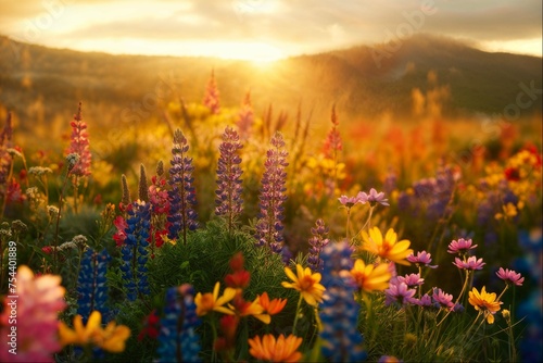 Sunset Over Colorful Wildflower Hills in Spring