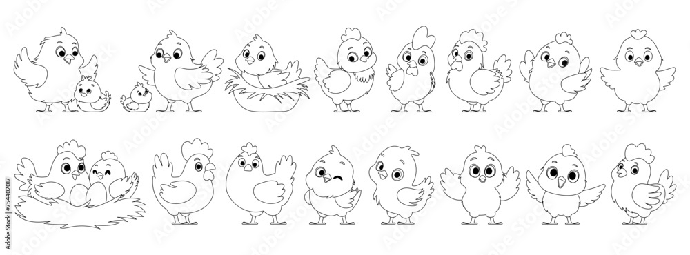 Large set of chicken family in lineart. Yellow chickens, Hen hatches eggs. Mother hen and chicks. Big and small roosters. Chicken and rooster in the nest. Black lines style.