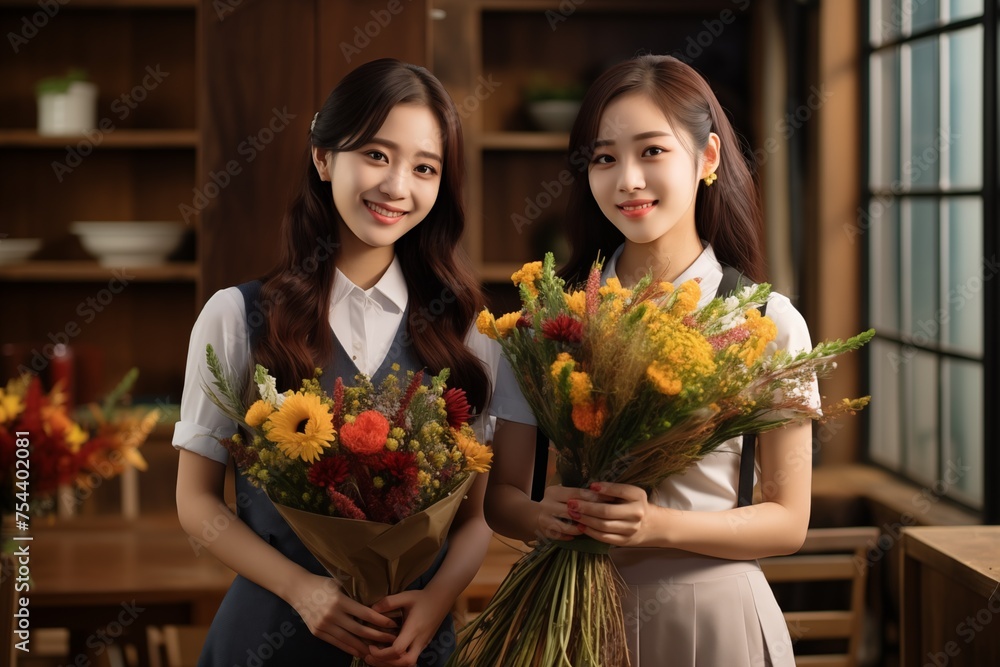 Two Korean female students holding bouquets 