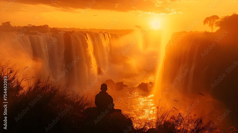 Man Contemplating Golden Sunset over Africas Waterfall in Traditional Art - obrazy, fototapety, plakaty 