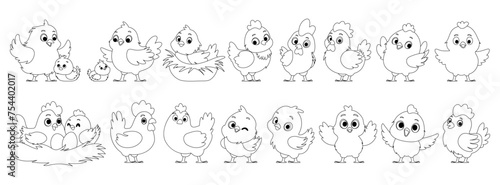 Large set of chicken family in lineart. Yellow chickens, Hen hatches eggs. Mother hen and chicks. Big and small roosters. Chicken and rooster in the nest. Black lines style.