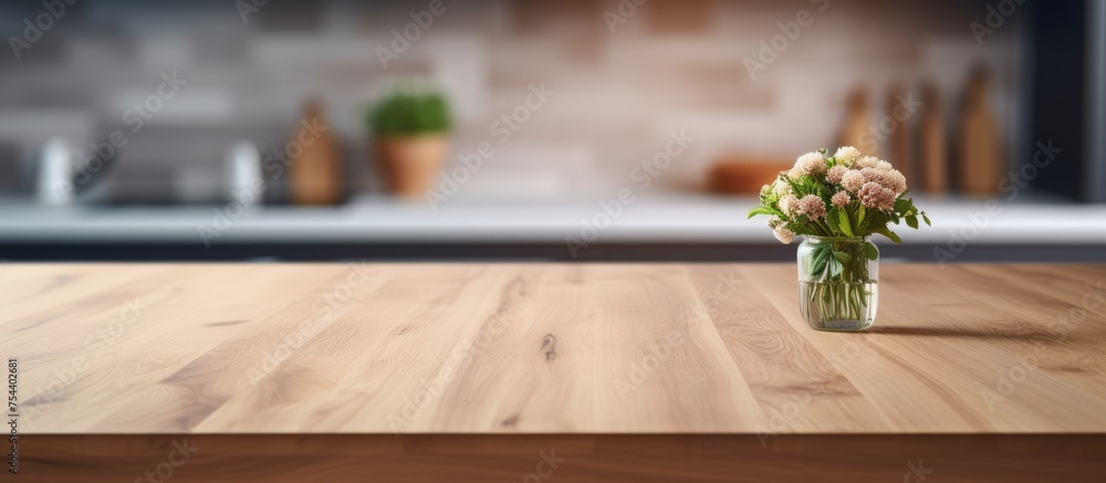A wooden table in a modern kitchen setting with a vase of colorful flowers sitting atop it. The table is clean and empty with ample space for displaying products or preparing food. The background