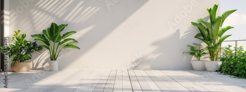 Empty outdoor roof terrace with potted plants in minimal style. photo