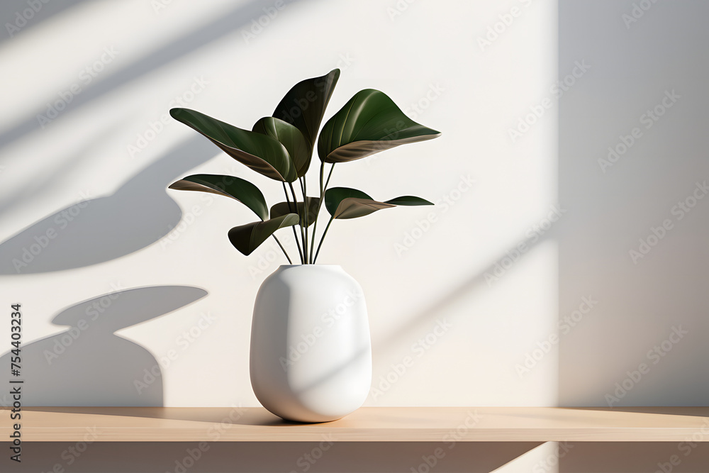 A plant in a vase on a empty shelf with day lighting from window A plant in a vase on a empty shelf with day lighting from window