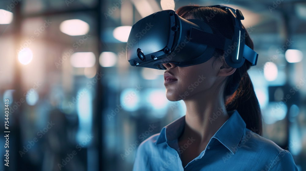 Person using VR in work place, use new innovation technology for working and playing with new experience concept Person using VR in work place, use new innovation technology for working and playing with new experience concept