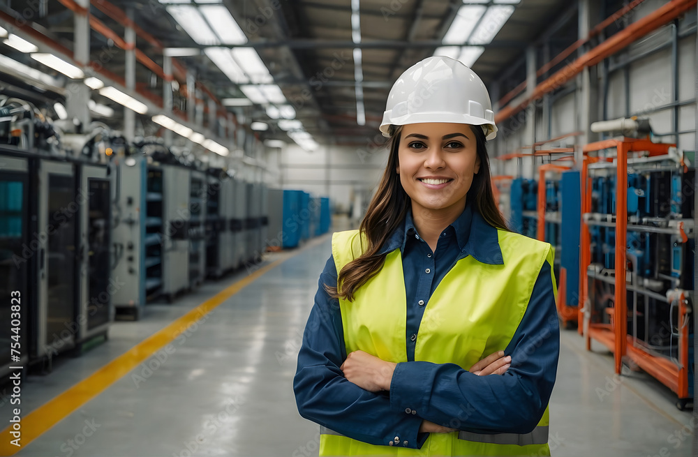 A young confident woman smiles in her white hard hat, embodying strength and determination as she works on a factory working as supervisor A young confident woman smiles in her white hard hat, embodying strength and determination as she works on a factory working as supervisor