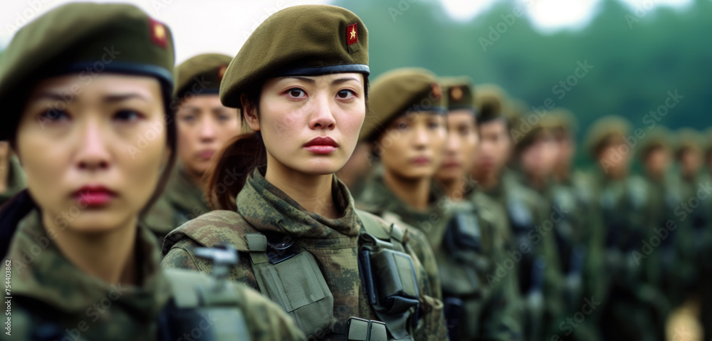 Group of Asian women in military digital camouflage uniforms standing at army ceremony or presentation. Generative AI Group of Asian women in military digital camouflage uniforms standing at army ceremony or presentation. Generative AI