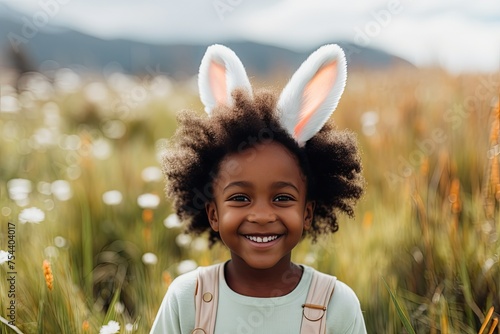 Happy Young African American Girl Wearing Easter Bunny Ears in a Spring Meadow