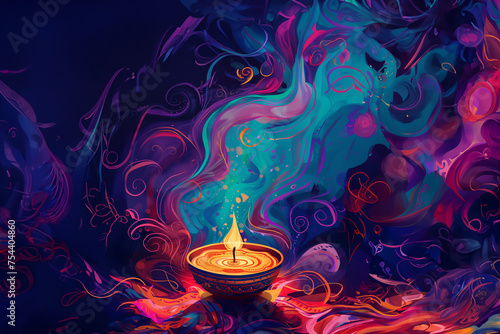 Diwali, ou divali, dipavali, deepavali, fête des lumières dans la religion hindoue, célébrée en novembre. Diya lampe à huile allumée pour Lakshmi puja, offrande à la déesse Lakshmi  photo