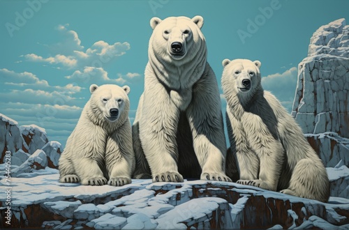 Family of polar bear's out in the cold arctic wild staring at the camera  photo