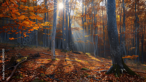 Sunny forest with sunlight filtering through leaves in fall
