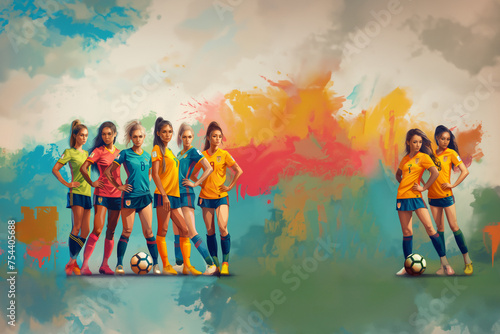 football féminin, ou soccer, plusieurs femmes avec des tenues vestimentaires d'équipes différentes,  avec des ballons sur un fond coloré avec espace négatif copyspace.  Illustration de style peinture. photo