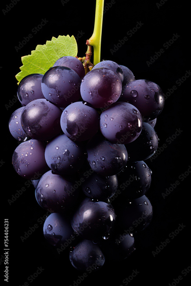 Juicy, Ripe Grapes on Fresh Vine: A Colorful Cluster of Sweet, Dark-Purple Berries Glistening with Freshness, Surrounded by a Wet, Bright and Vibrant Green Background.