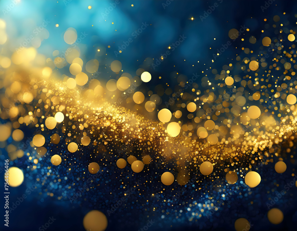 Abstract Dark blue and gold particle. Christmas Golden light shine particles bokeh for background.