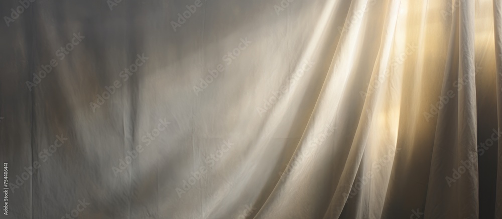 A painting showcasing a grey curtain with sunlight streaming through it, creating a play of light and shadow. The curtain appears semi-translucent, allowing the warm light to filter through in a soft A painting showcasing a grey curtain with sunlight streaming through it, creating a play of light and shadow. The curtain appears semi-translucent, allowing the warm light to filter through in a soft