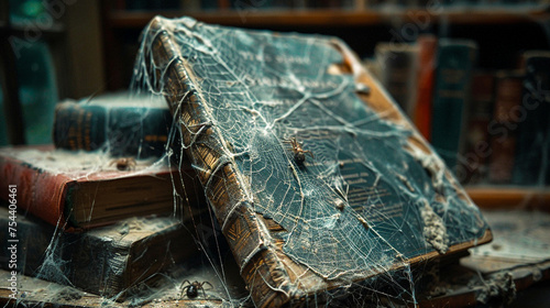 Cobweb-covered antique book on a dusty shelf in an old library